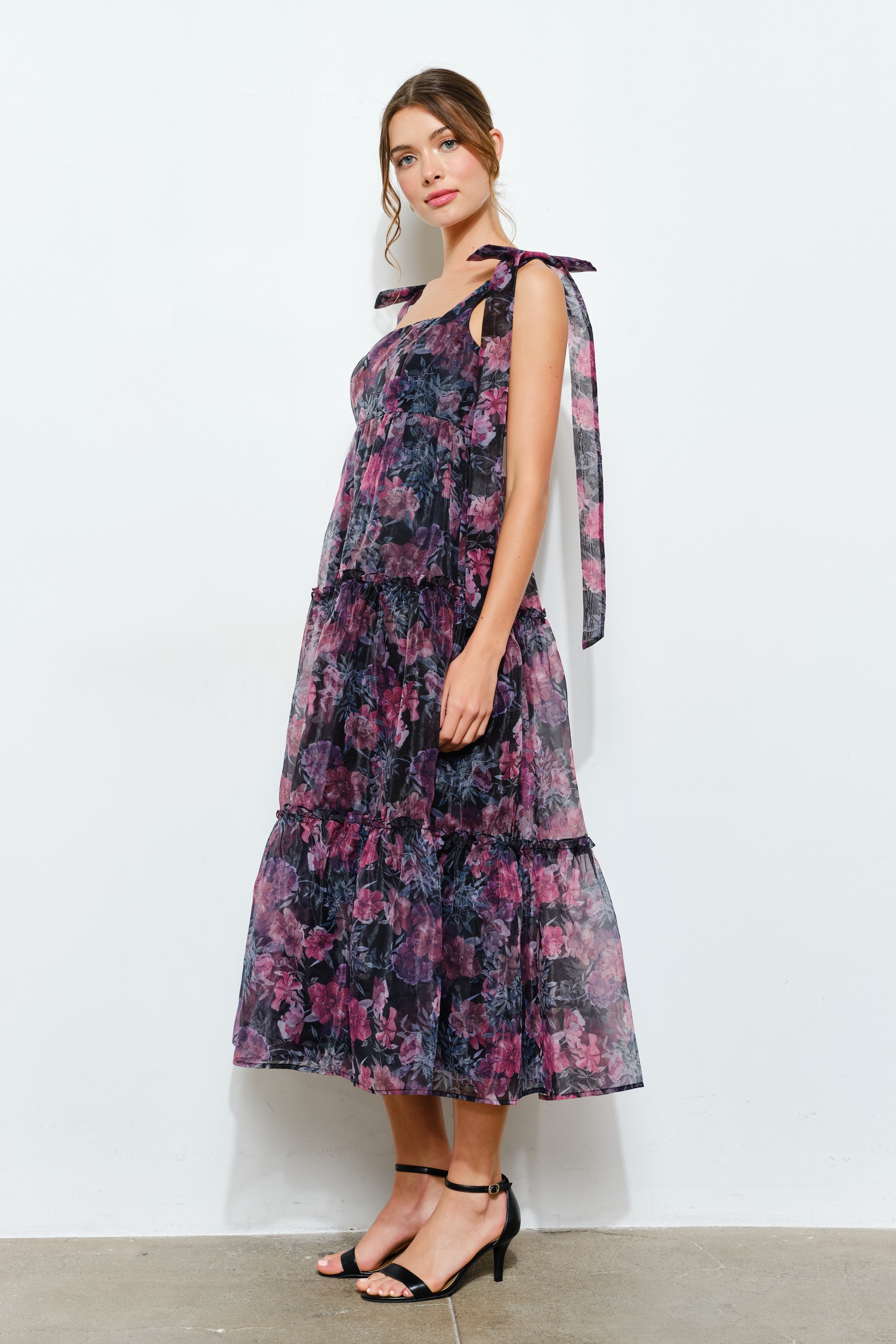 Organza Floral Printed Tiered Midi Dress #23591750