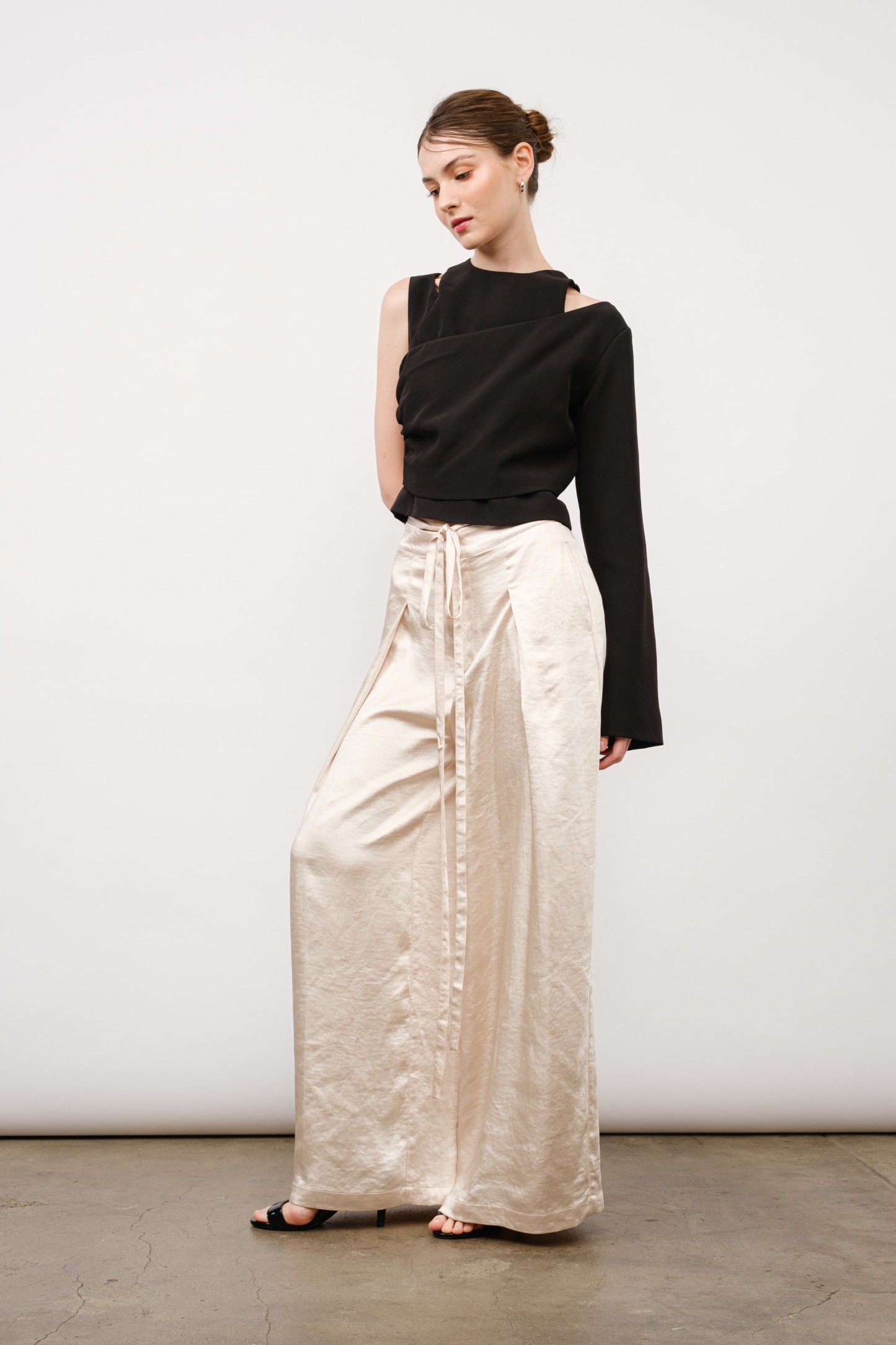 Satin High Waist Front Pintuck Wide Pants #23550954