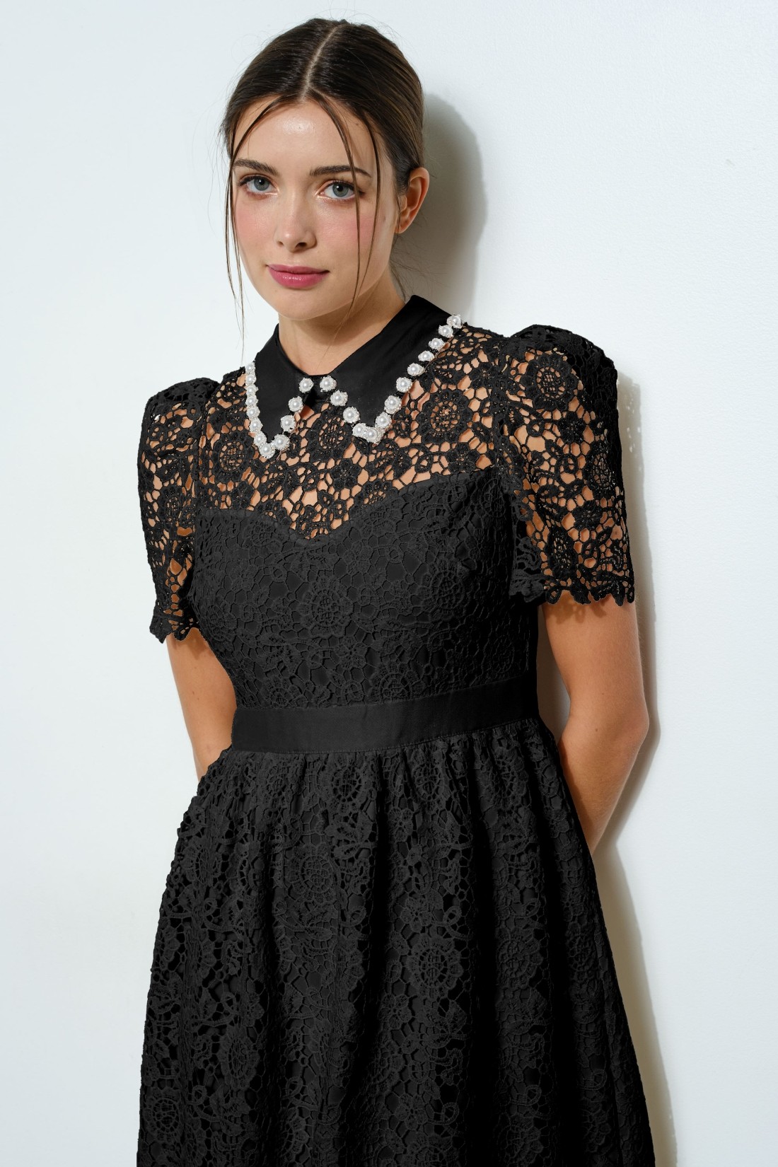 Pearl Embellished Collar Lace Midi Dress #23557937