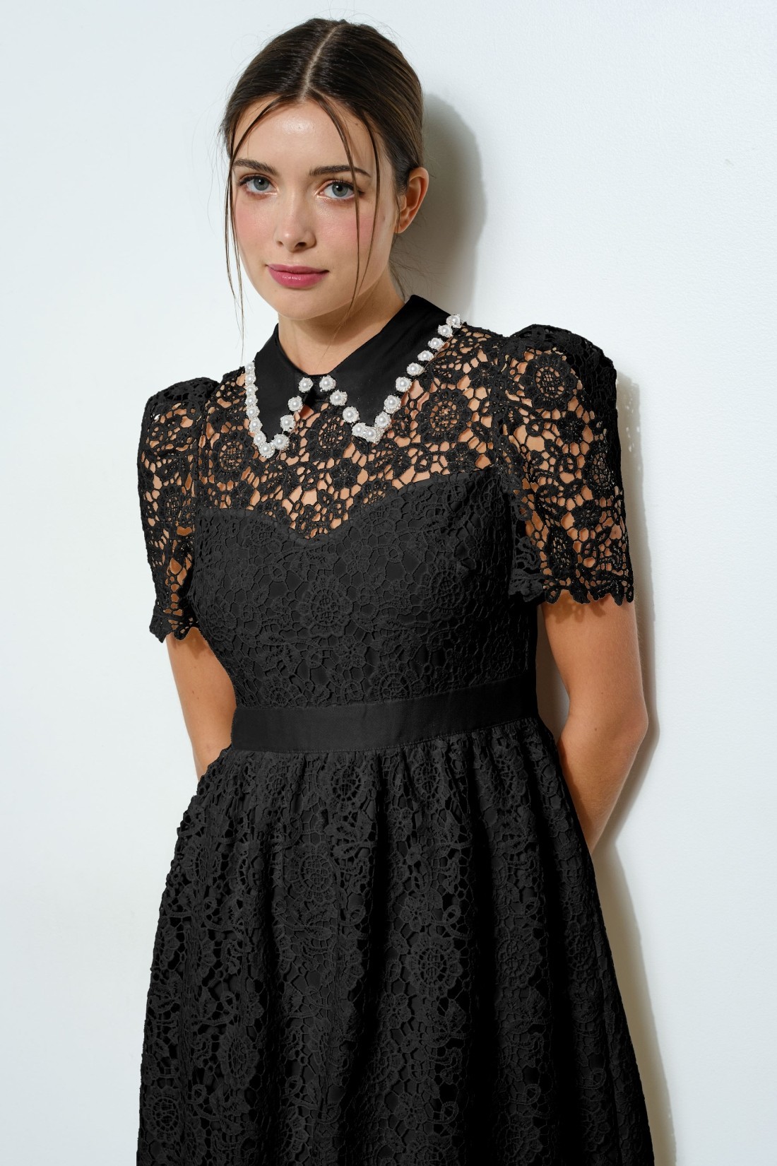 Pearl Embellished Collar Lace Midi Dress #23557937