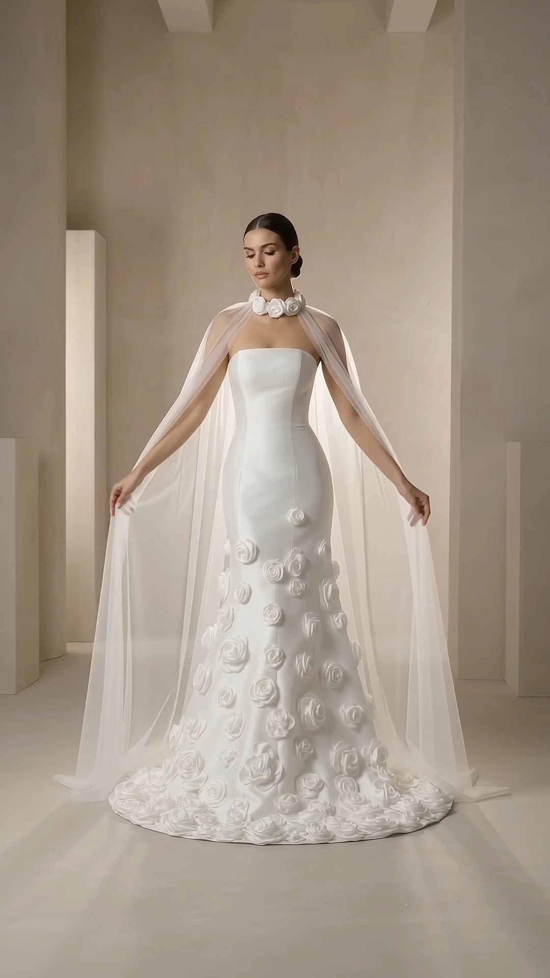  Modern Couture Satin Mermaid Wedding Dress | Strapless Straight Neckline Bridal Gown with 3D Rosette Hem and Sheer Cape W6010