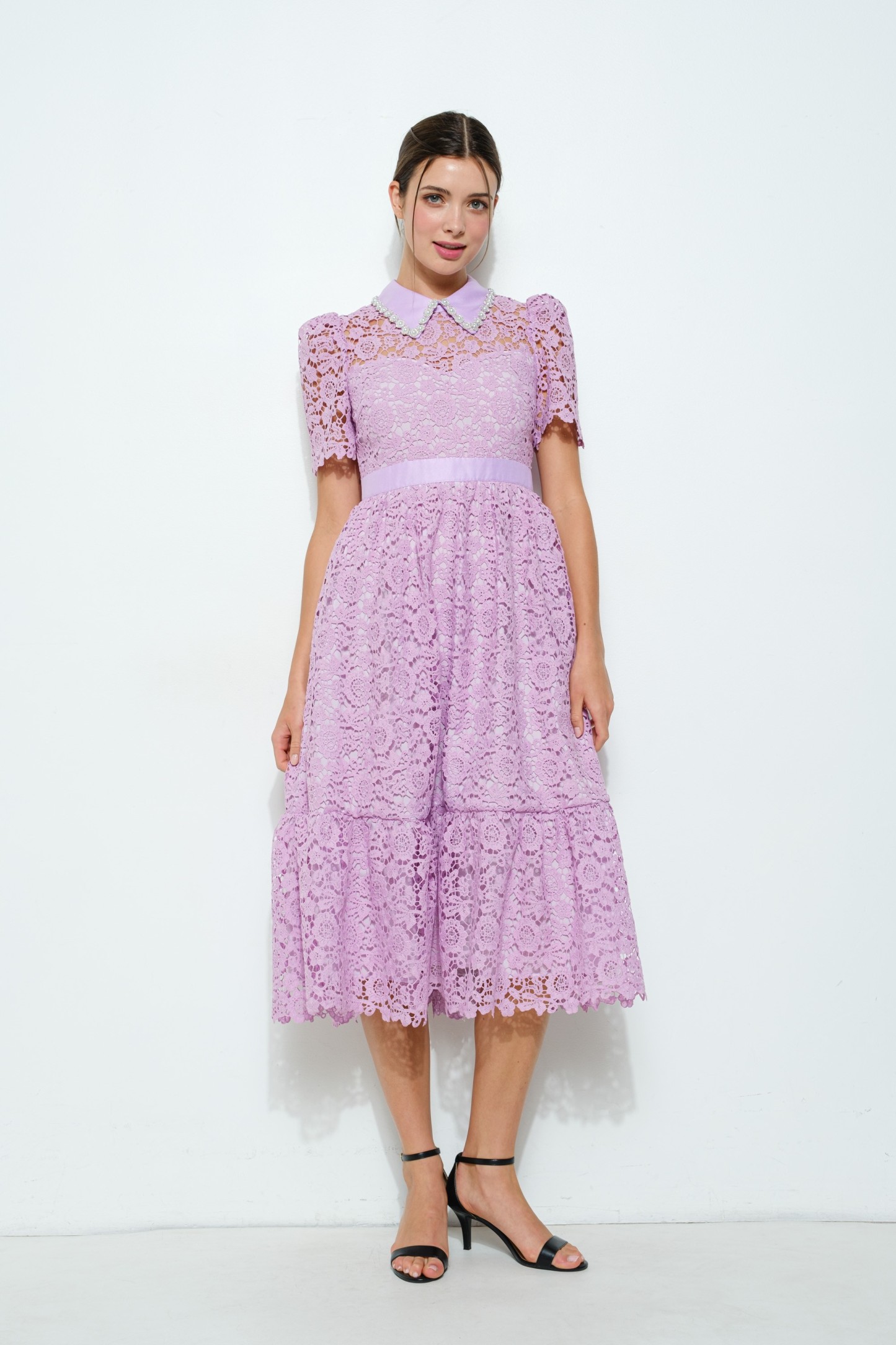 Pearl Embellished Collar Lace Midi Dress #23557937