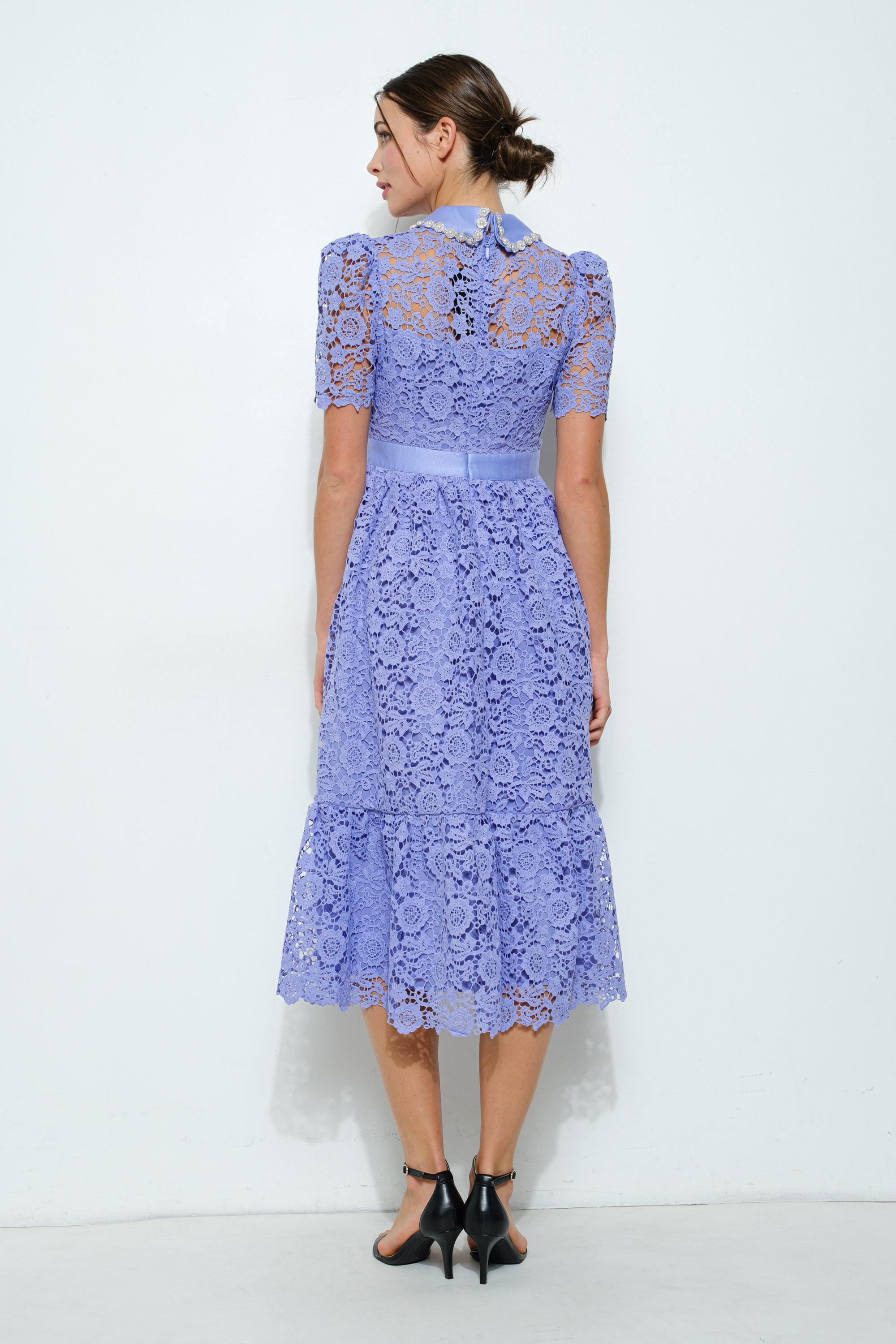 Pearl Embellished Collar Lace Midi Dress #23557937