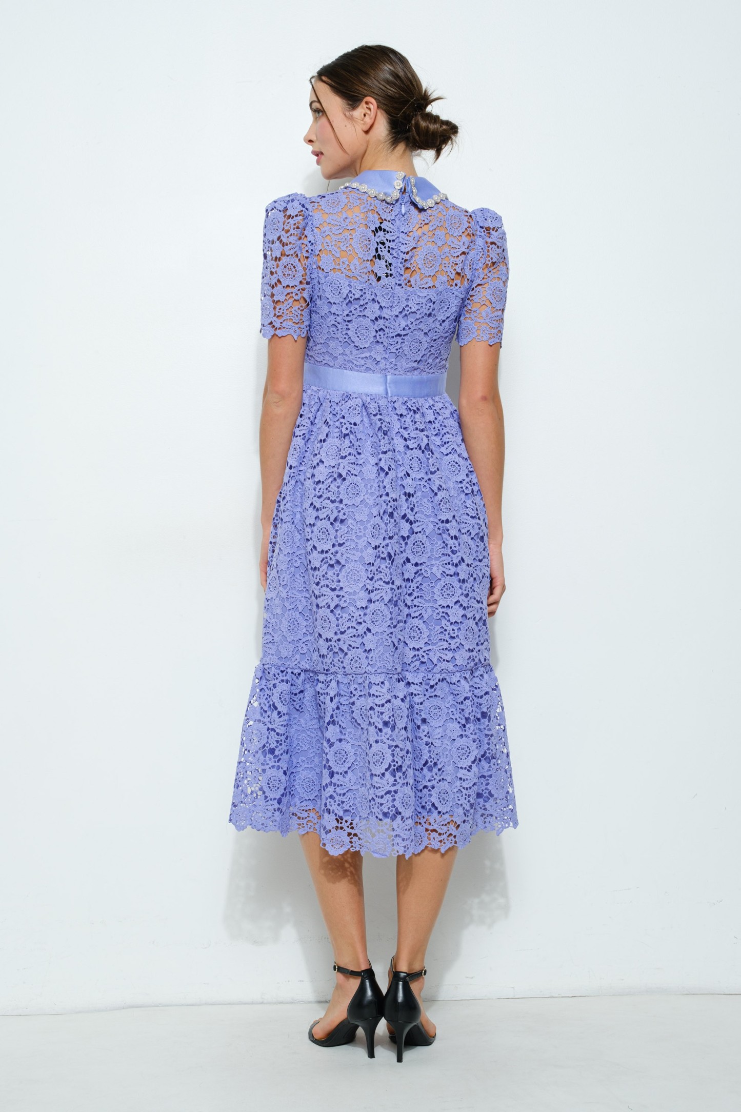 Pearl Embellished Collar Lace Midi Dress #23557937