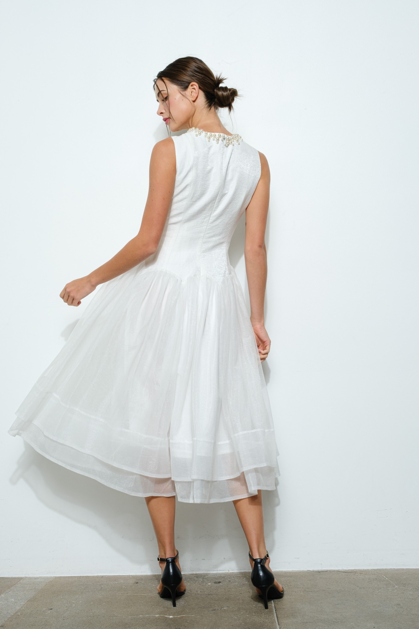 Pearl Embellished Sheer Tulle Midi Dress #23647833