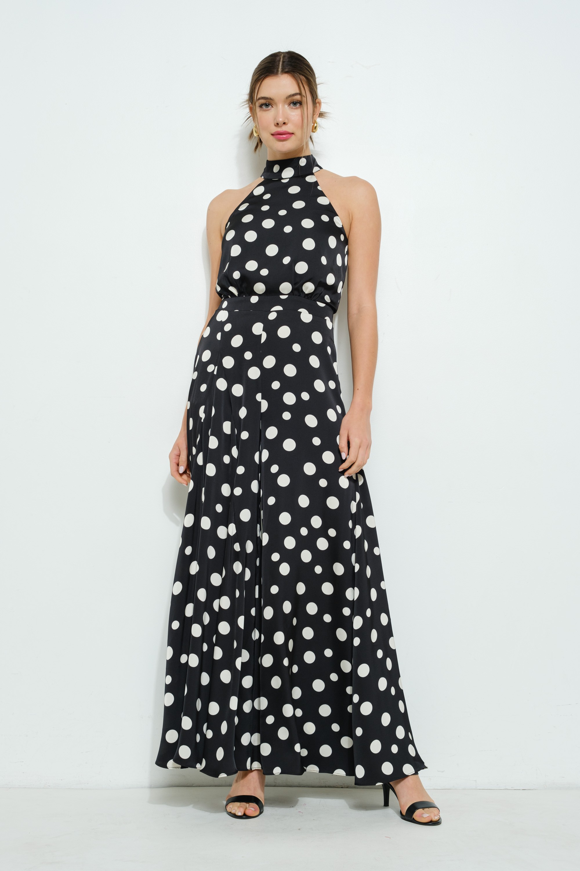 Polka Dot Print Halter Neck Wide-leg Jumpsuit #23673191