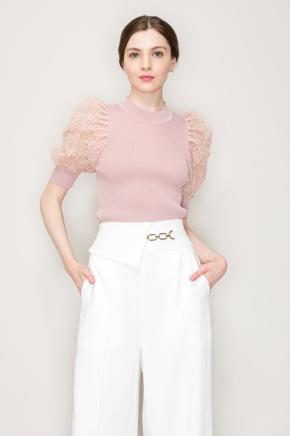 Mock Neck Floral Detail Puff Short Sleeve Knit Top #23658878