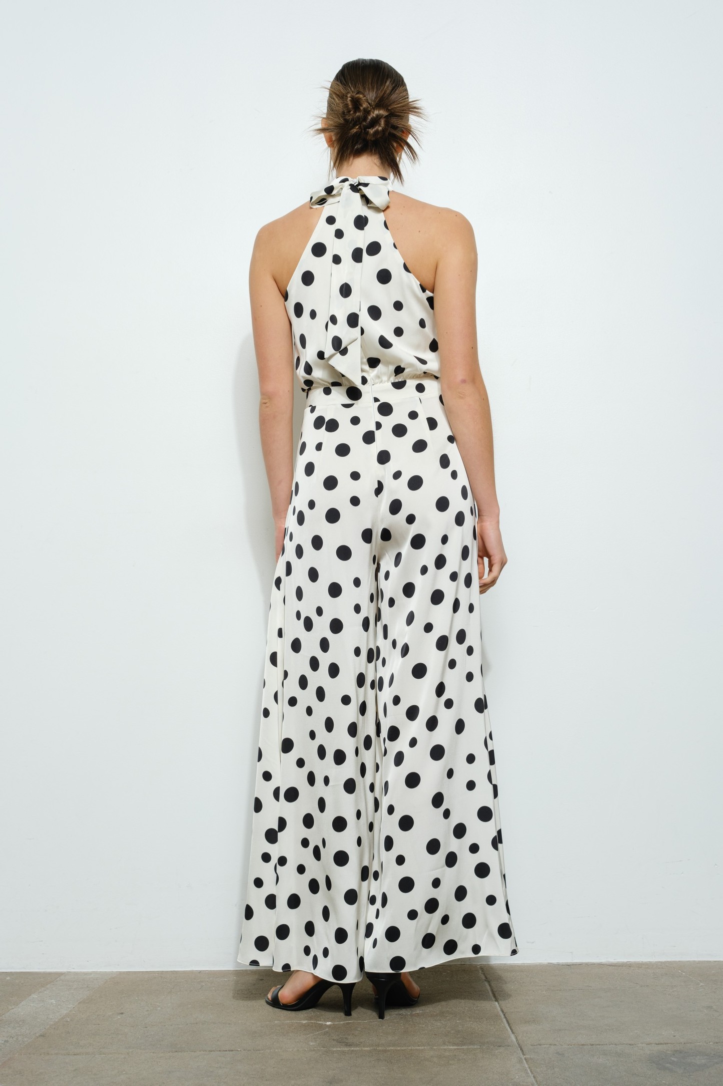 Polka Dot Print Halter Neck Wide-leg Jumpsuit #23673191