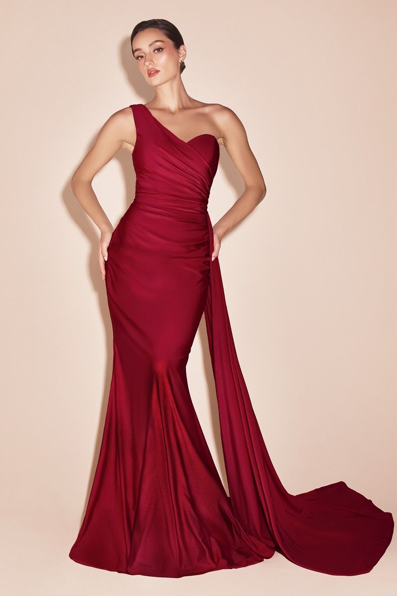 Fitted One Shoulder Sweetheart Pleated Stretch Satin Gown PT004