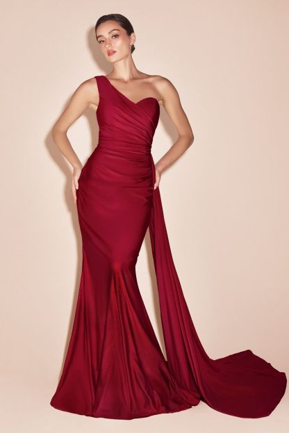 Fitted One Shoulder Sweetheart Pleated Stretch Satin Gown PT004