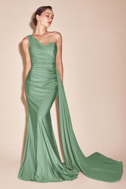 Fitted One Shoulder Sweetheart Pleated Stretch Satin Gown PT004