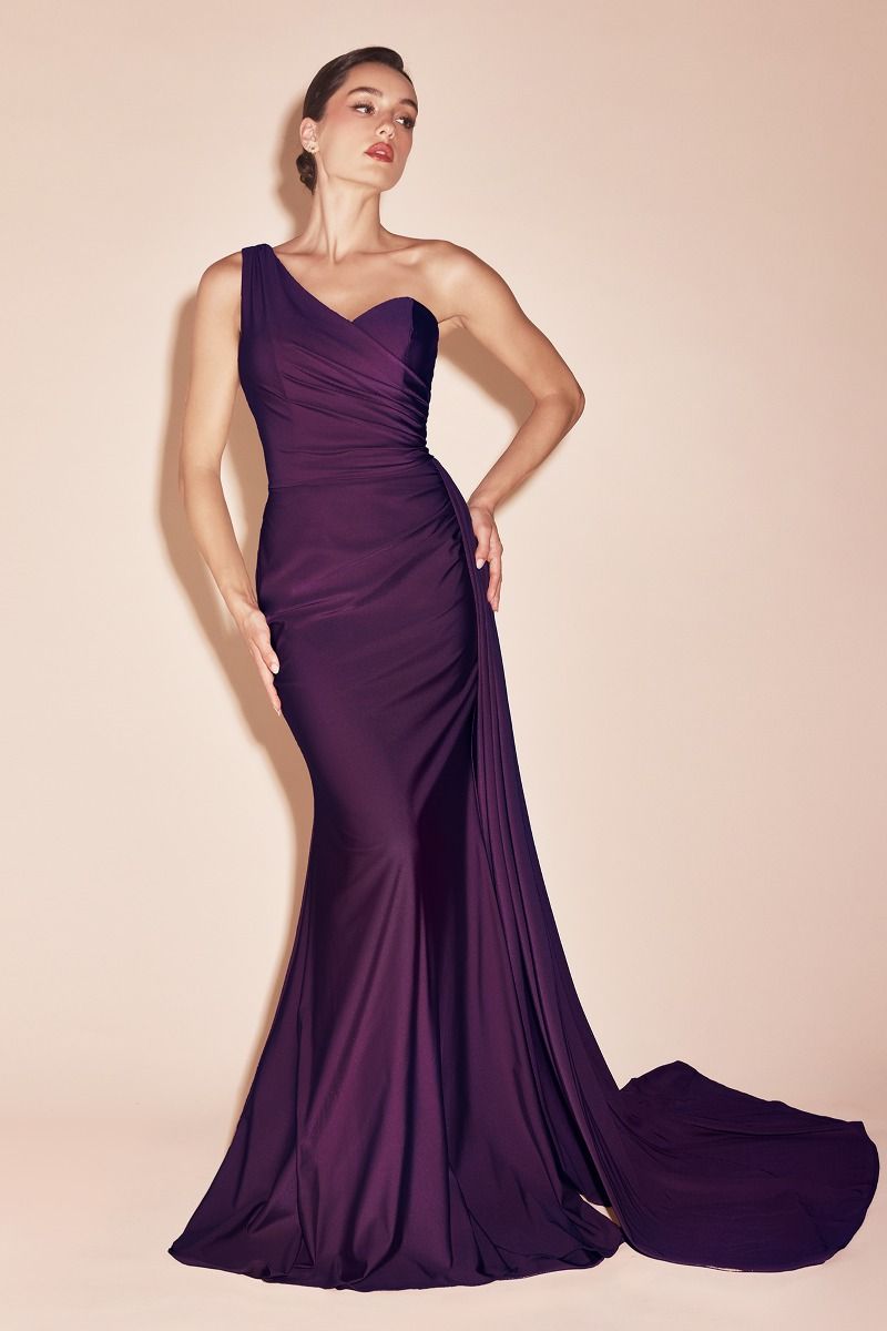Fitted One Shoulder Sweetheart Pleated Stretch Satin Gown PT004