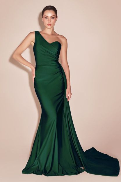 Fitted One Shoulder Sweetheart Pleated Stretch Satin Gown PT004