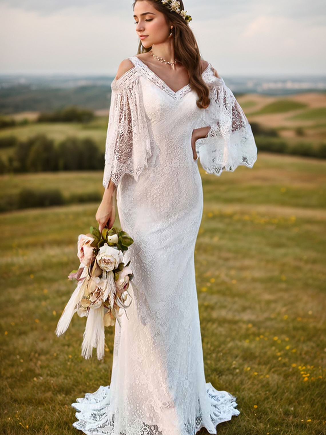Mermaid/Trumpet Fashion Off Shoulder 3/4 Length Sleeve Wedding Dress