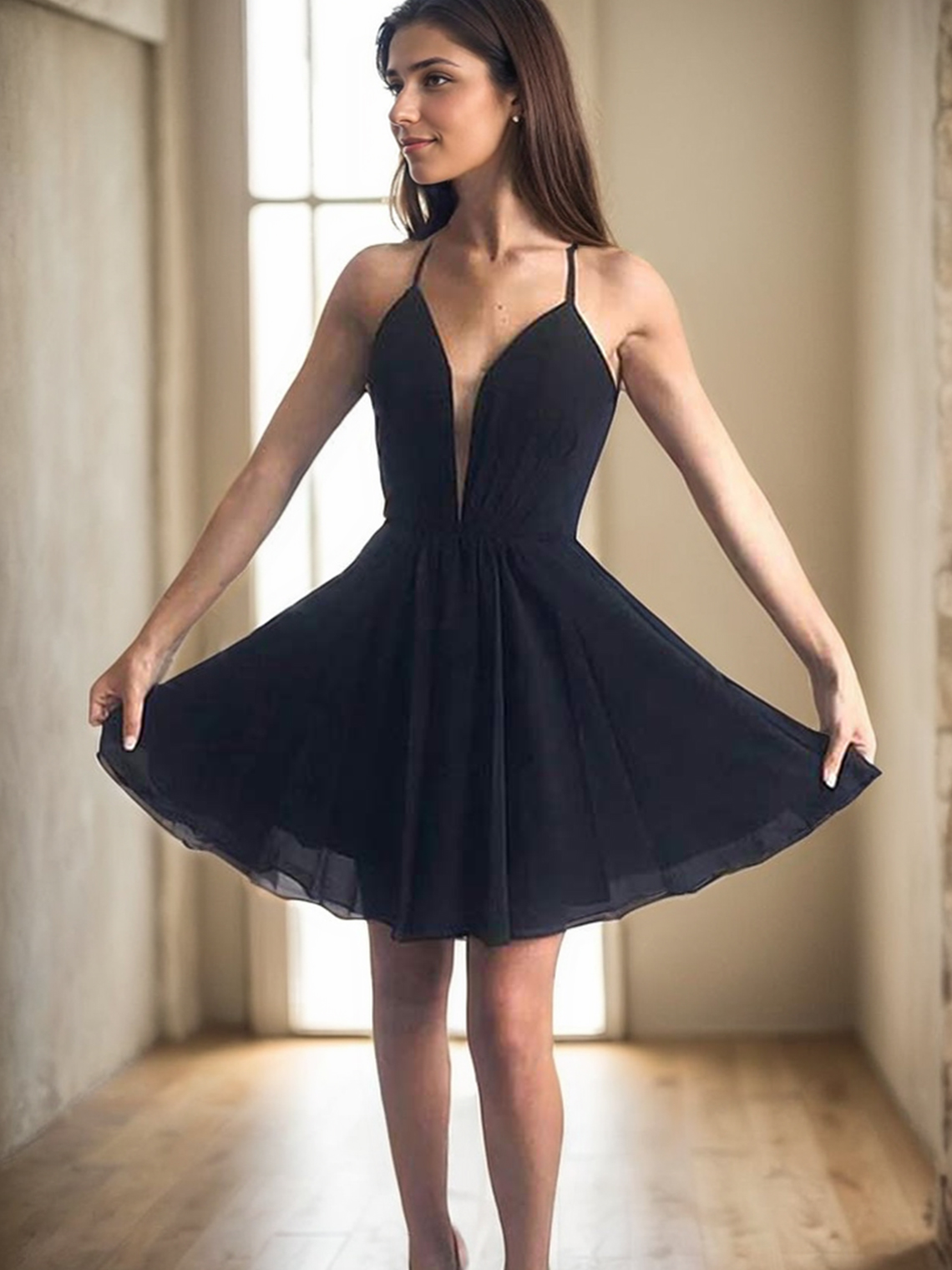 A-line V Neck Sleeveless Short/Mini Chiffon Homecoming Dress
