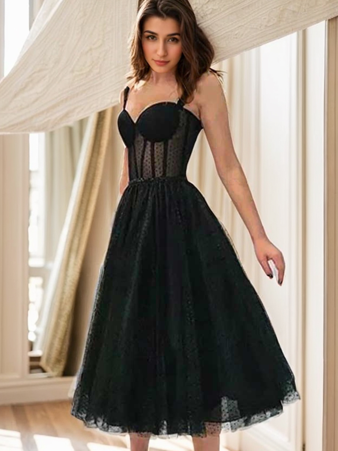 A-line Sweetheart Sleeveless Tea-Length Tulle Homecoming Dress