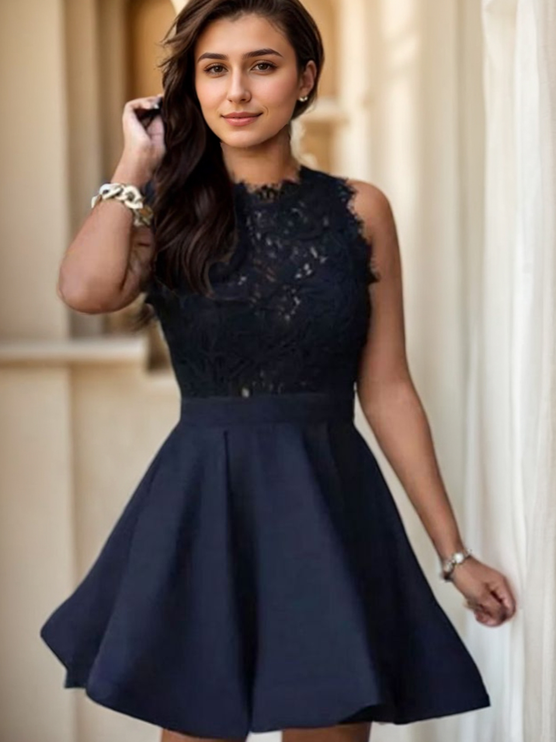 A-Line Scoop Neck Short/Mini Satin With Lace Cocktail Homecoming Dress