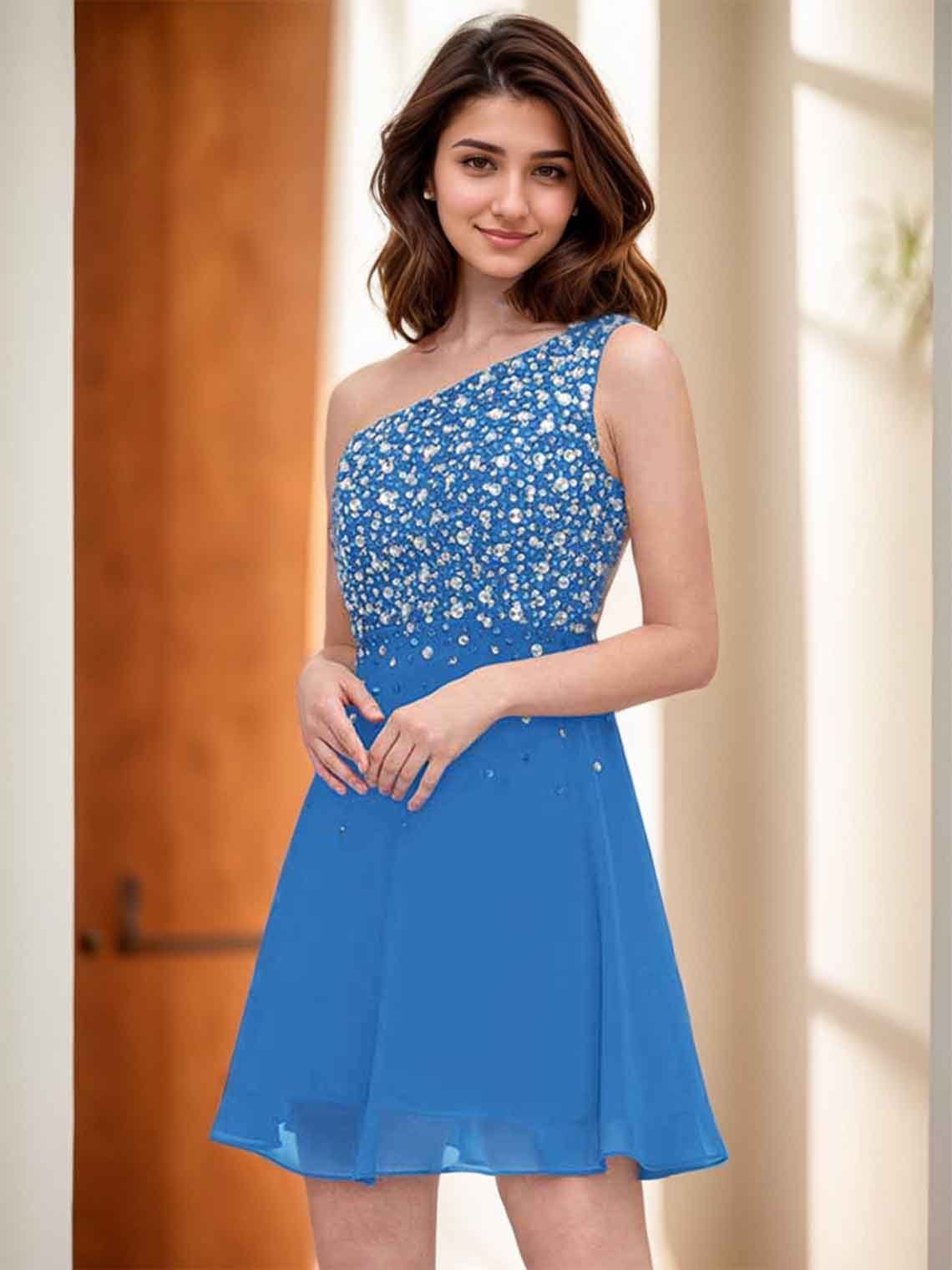A-line Sleeveless Short Homecoming Dresses One-Shoulder Cocktail Dresses