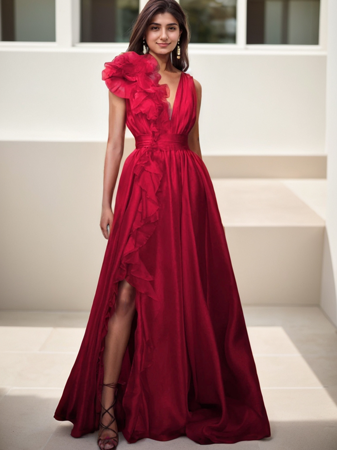 A-Line Formal Evening Dress Floor Length Sleeveless V Neck Prom Dress