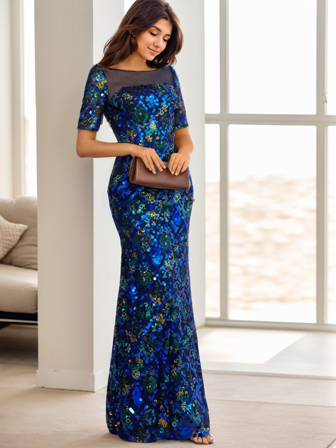 Mermaid Luxury Evening Dress Jewel Neckline Floor Length Prom Dress