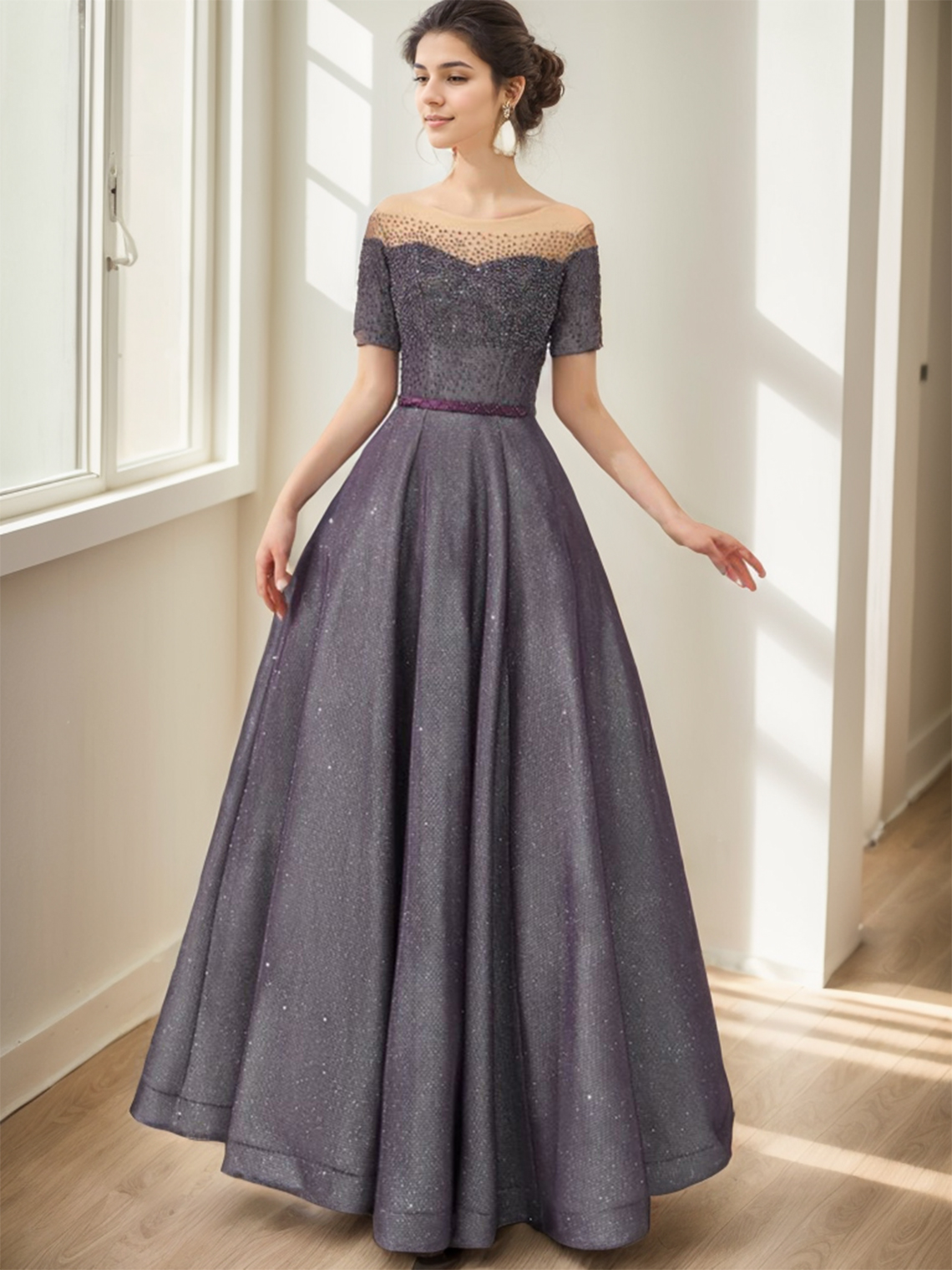 A-Line Evening Dress Jewel Neck Short Sleeves Floor Length Prom Dress