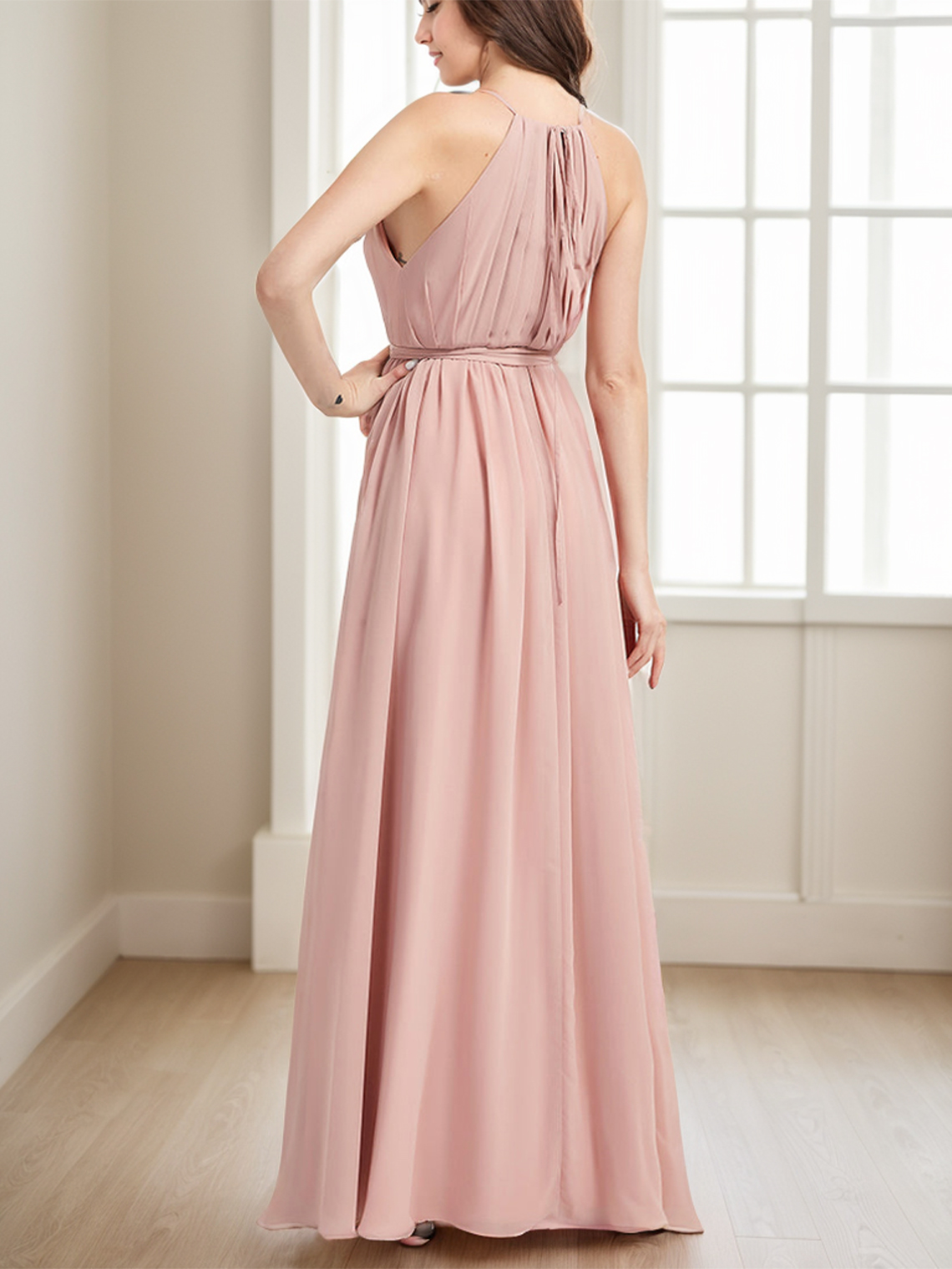 A-Line Sleeveless Floor-Length Halter Ruched Long Bridesmaid Dress