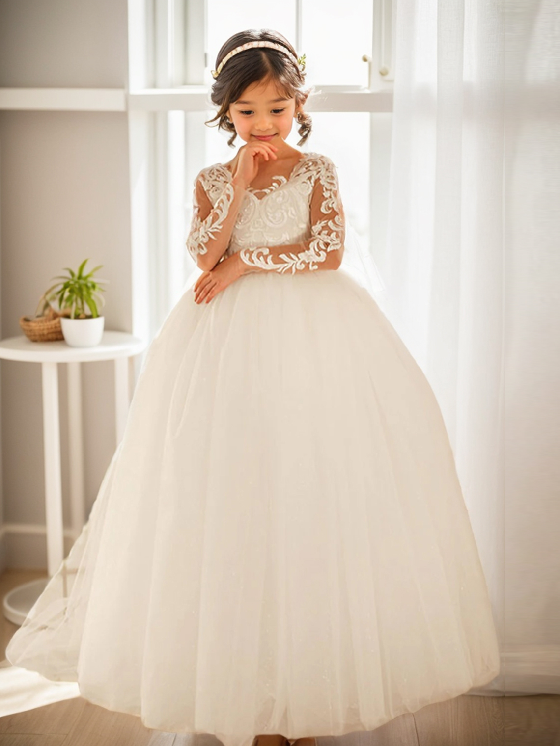Ball Gown Floor Length Satin with Lace Cute Flower Girl Dress
