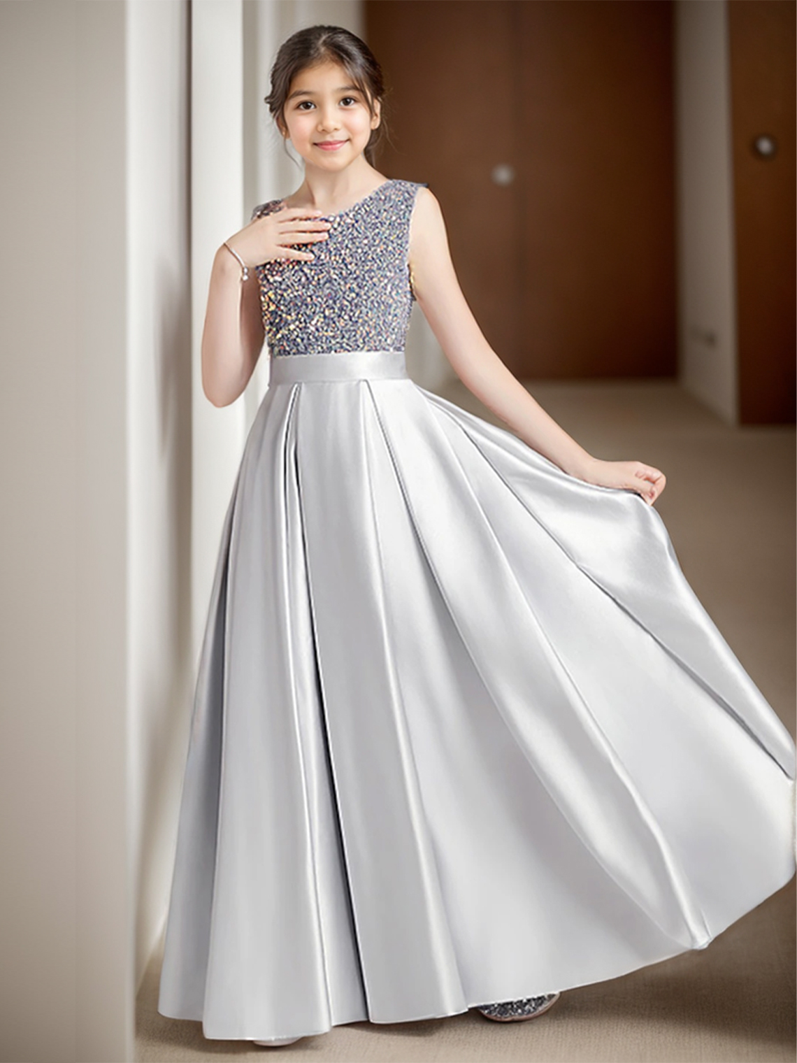 Princess Sleeveles Floor Length Lace Sequins Flower Girl Dress 