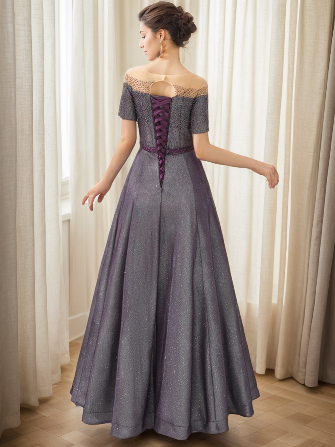 A-Line Evening Dress Jewel Neck Short Sleeves Floor Length Prom Dress