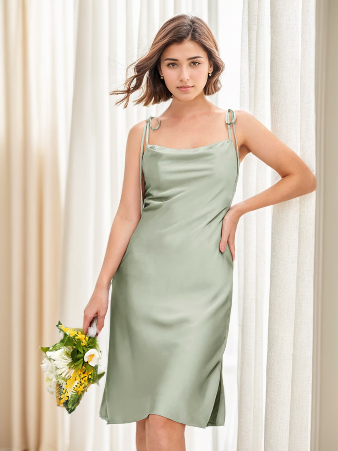 Trumpet/Mermaid Knee-Length Satin Sleeveless Bridesmaid Dress