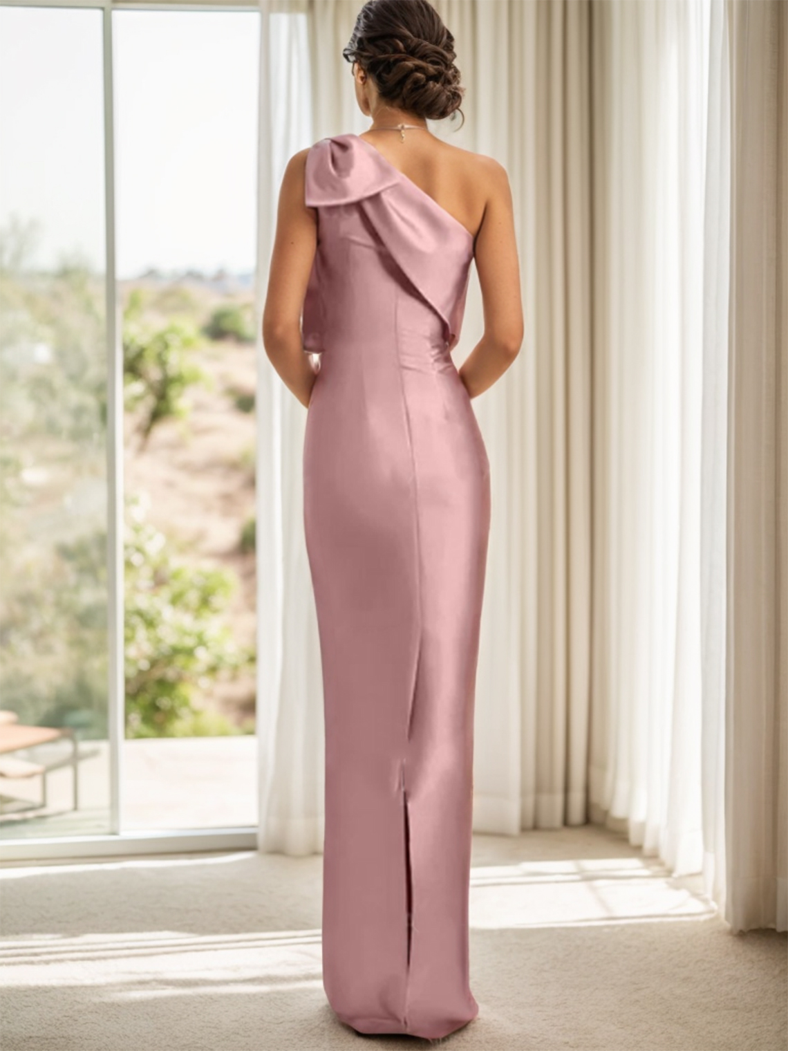 Sheath/Column One-Shoulder Satin With Bow(s) Bridesmaid Dresses