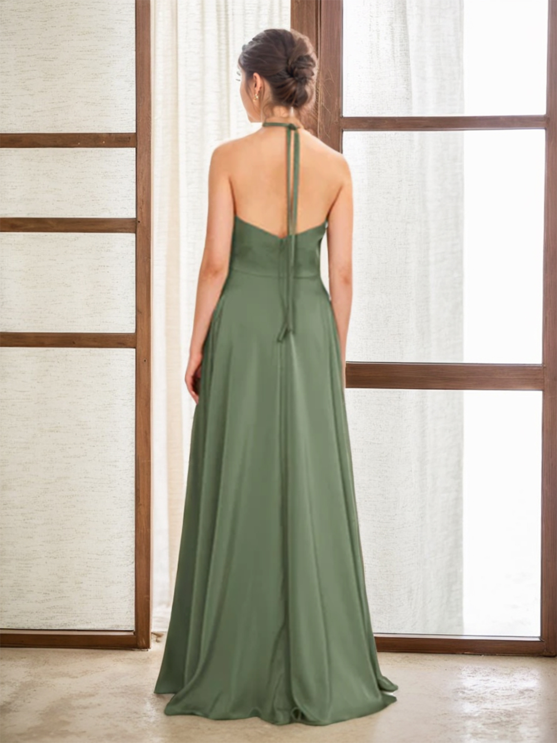 A-Line/Princess Halter Floor-Length Leg Slit Bridesmaid Dress