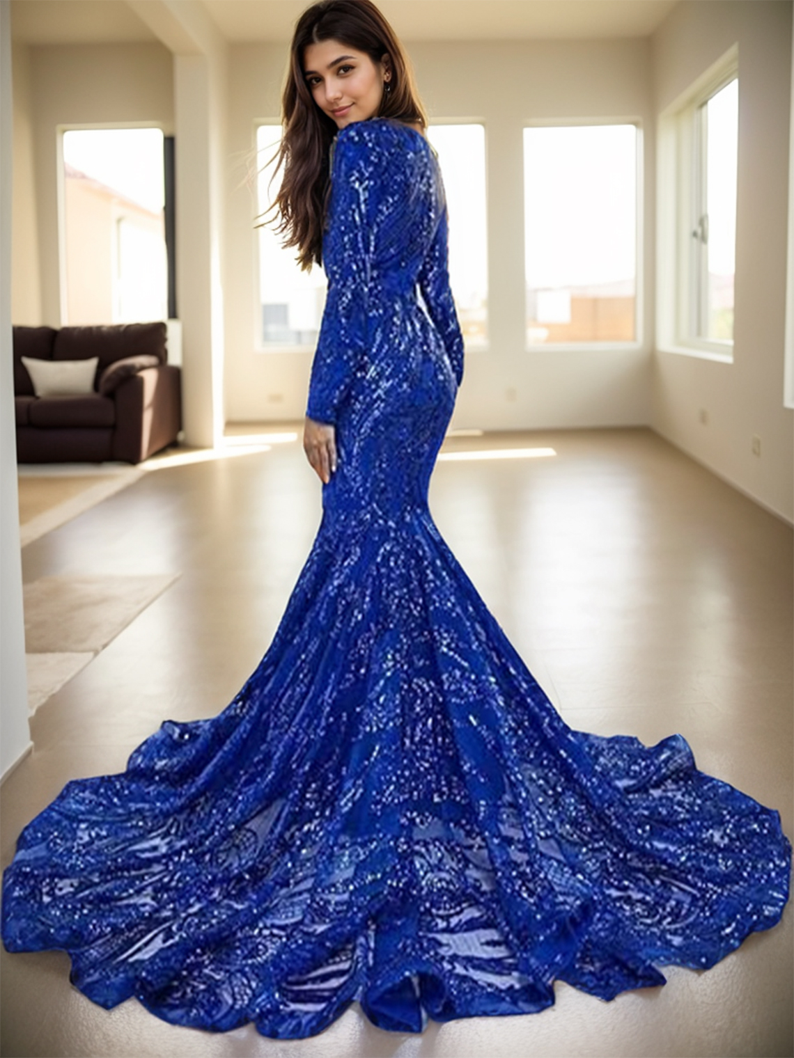Mermaid Formal Evening Dress Court Train Long Sleeve V Neck Prom Dress