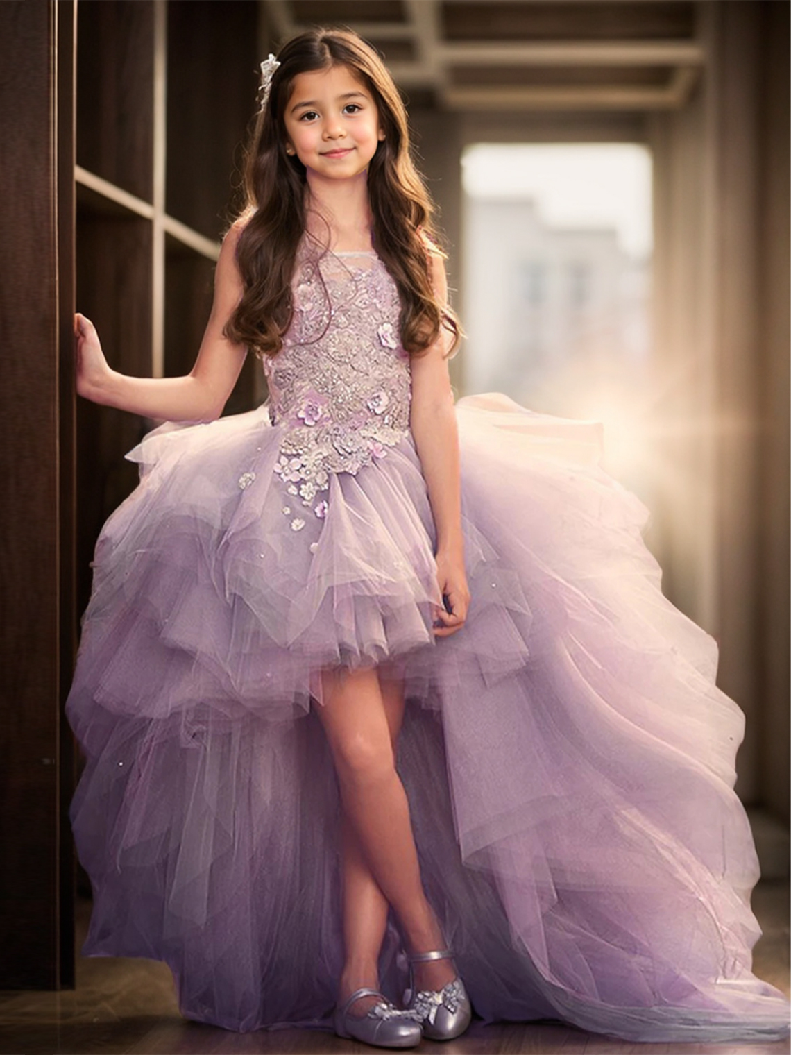 A-Line Asymmetrical Illusion Neck With Appliques Flower Girl Dress
