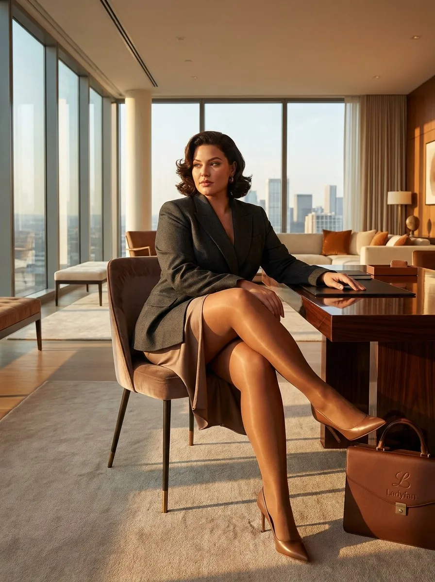 High-end fashion photography of a confident plus-size woman in a modern office wearing ladyfan premium plus size pantyhose