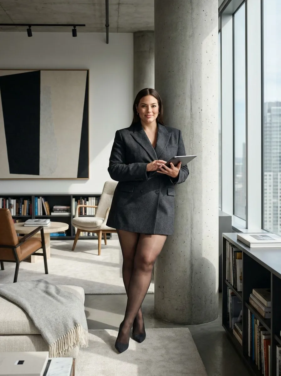 High-end fashion photography of a confident plus-size woman in a modern office wearing ladyfan premium sheer tights