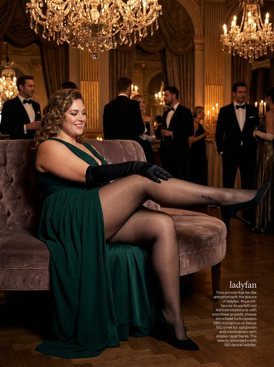Confident plus-size woman at an evening gala wearing ladyfan sheer black tights