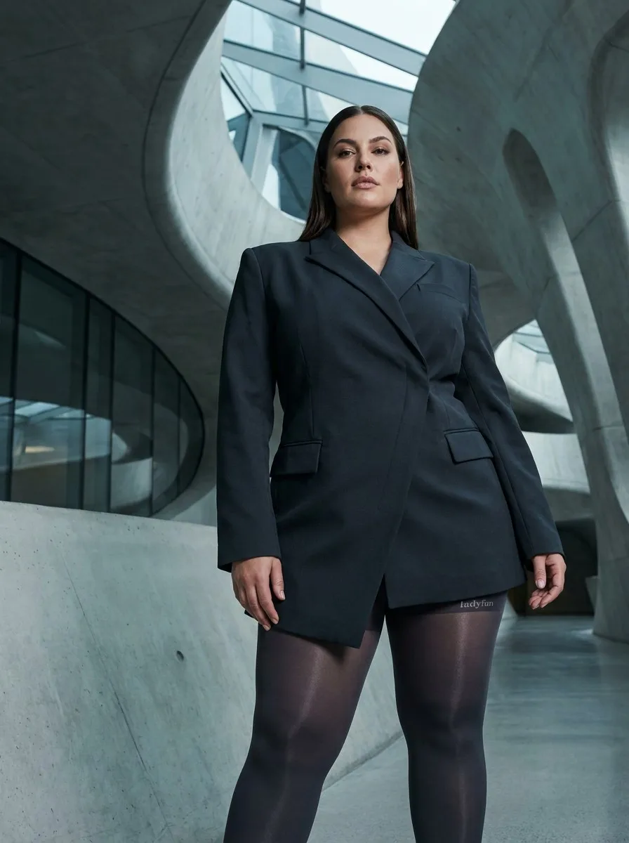 High-end fashion photography of a confident plus-size woman in a futuristic architectural setting wearing ladyfan premium plus size tights