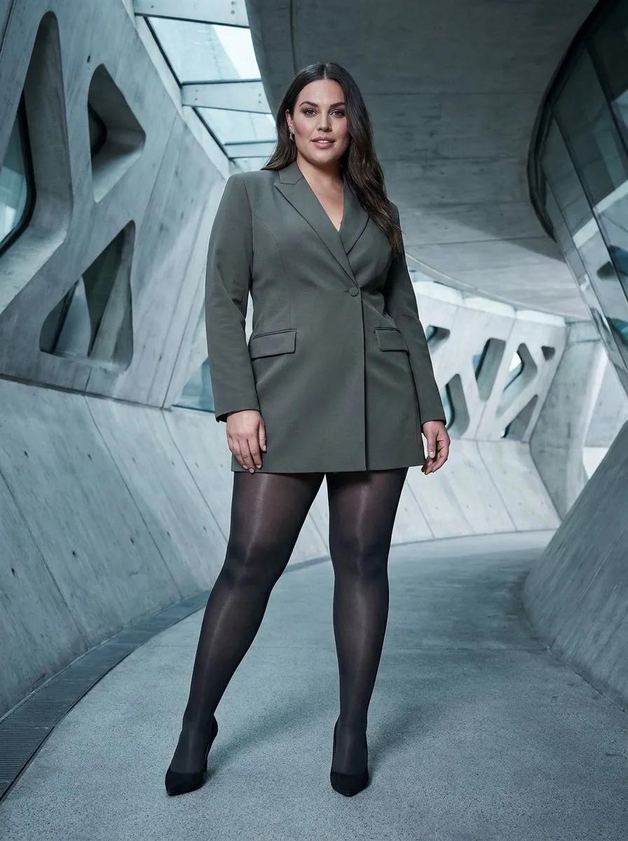 High-end fashion photography of a confident plus-size woman in a futuristic architectural setting wearing ladyfan premium plus size tights