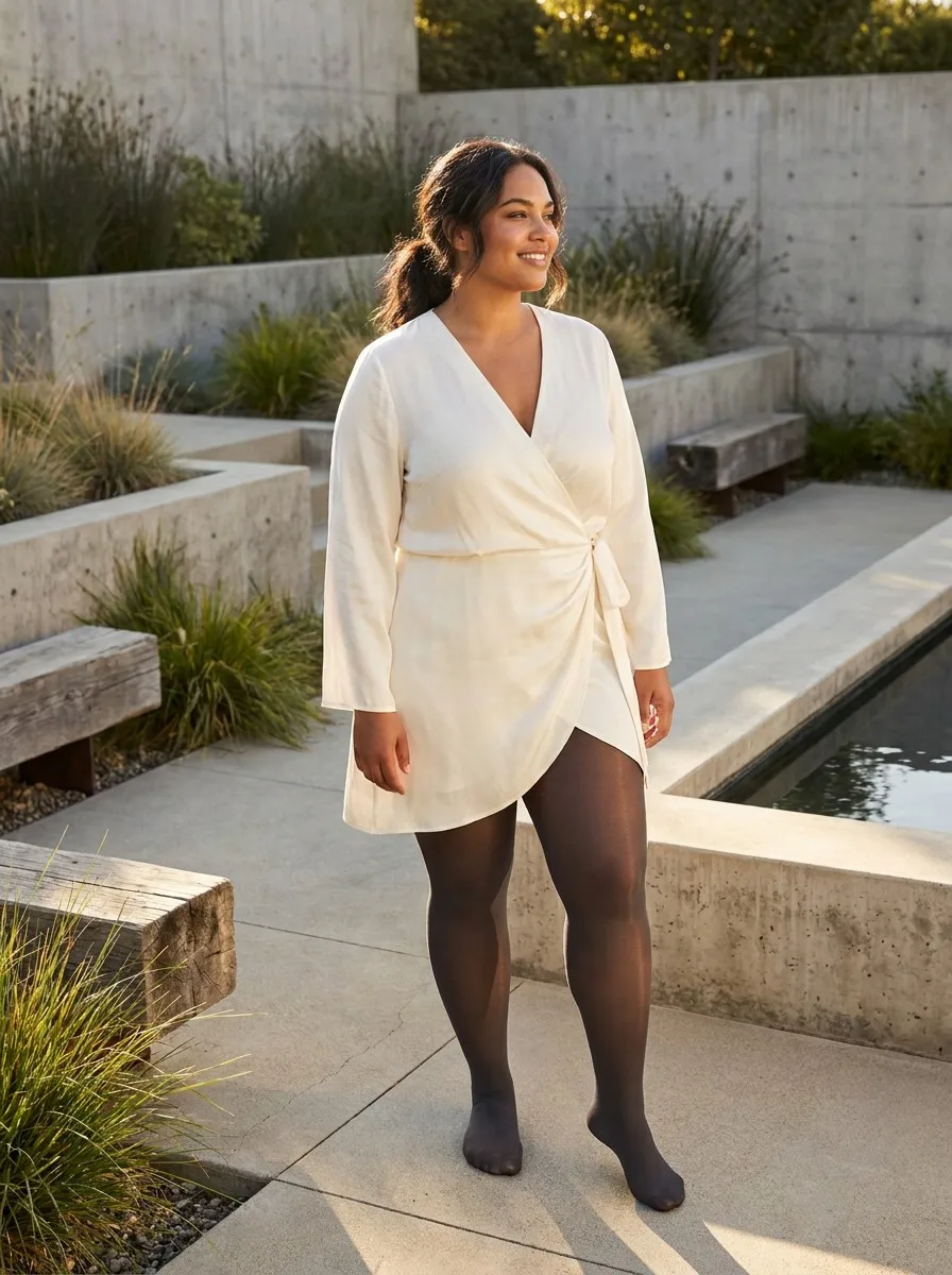 High-end fashion editorial of a radiant plus-size woman wearing ladyfan premium plus size tights in a minimalist garden