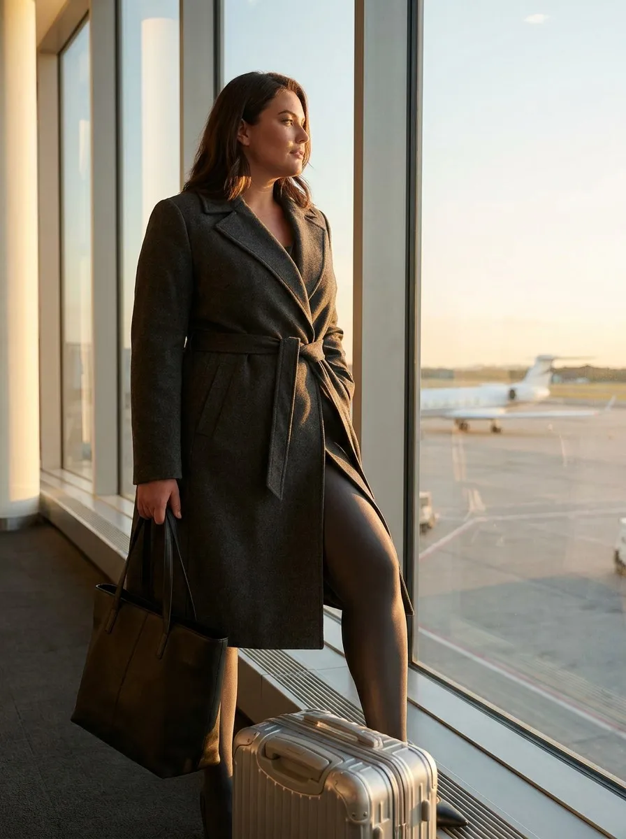 High-end fashion photography of a confident plus-size woman in a luxury airport lounge wearing ladyfan premium plus size tights