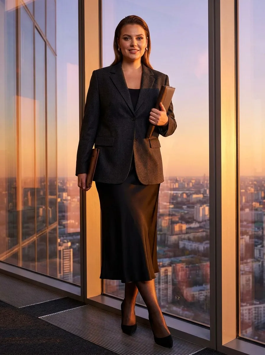 High-end fashion photography of a confident plus-size woman in a modern office wearing ladyfan premium plus size sheer tights