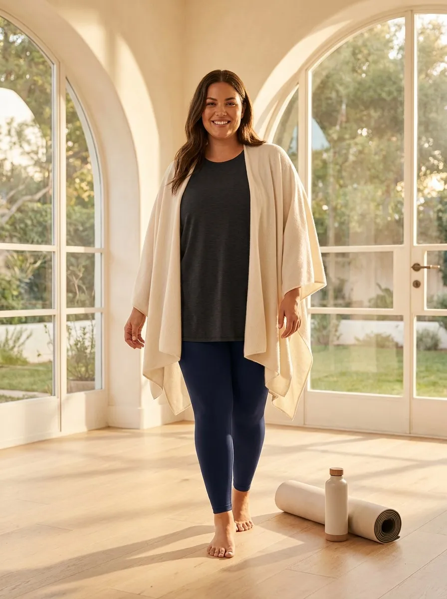 High-end fashion photography of a confident plus-size woman in a wellness studio wearing ladyfan premium plus size tights