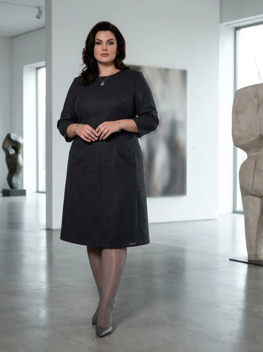 High-end fashion editorial photography of a confident plus-size woman in a minimalist modern art gallery wearing ladyfan premium sheer tights