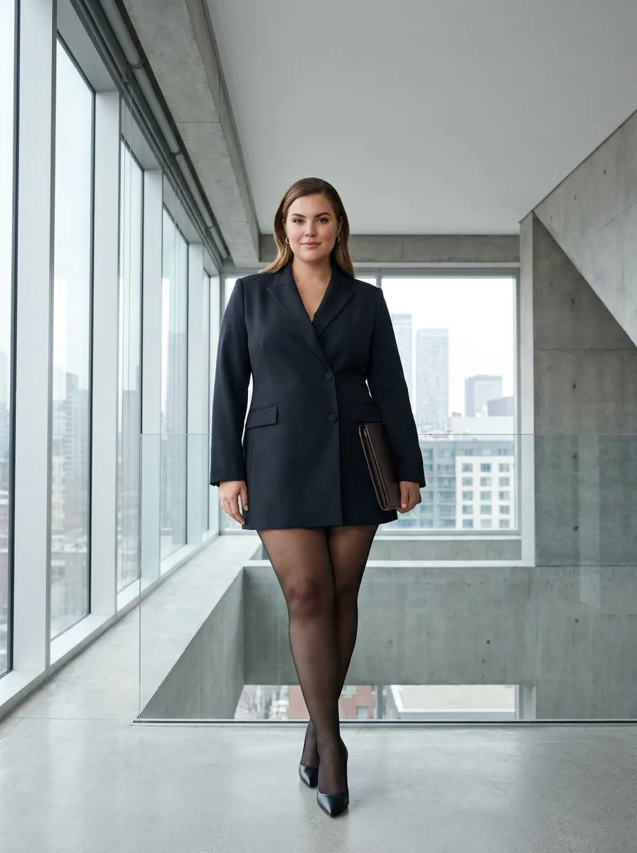 High-end fashion photography of a confident plus-size woman wearing ladyfan brand premium sheer tights