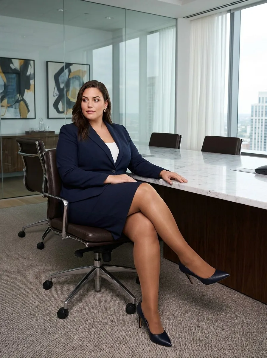 High-end fashion photography of a confident plus-size woman in a modern boardroom wearing ladyfan premium plus size pantyhose