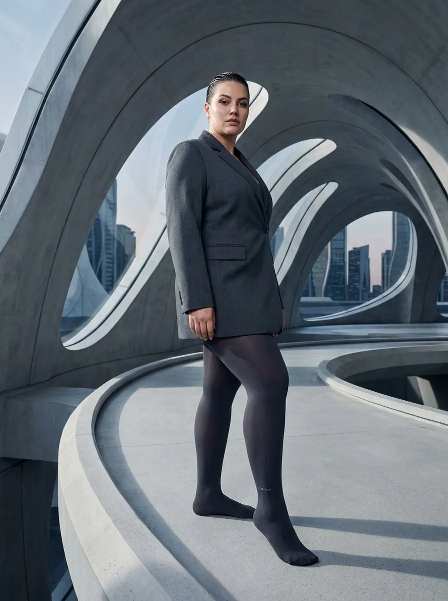 High-end fashion photography of a confident plus-size woman in a futuristic architectural setting wearing ladyfan premium plus size tights