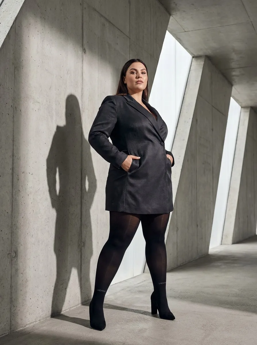 High-end fashion photography of a confident plus-size woman in a futuristic architectural setting wearing ladyfan premium plus size tights
