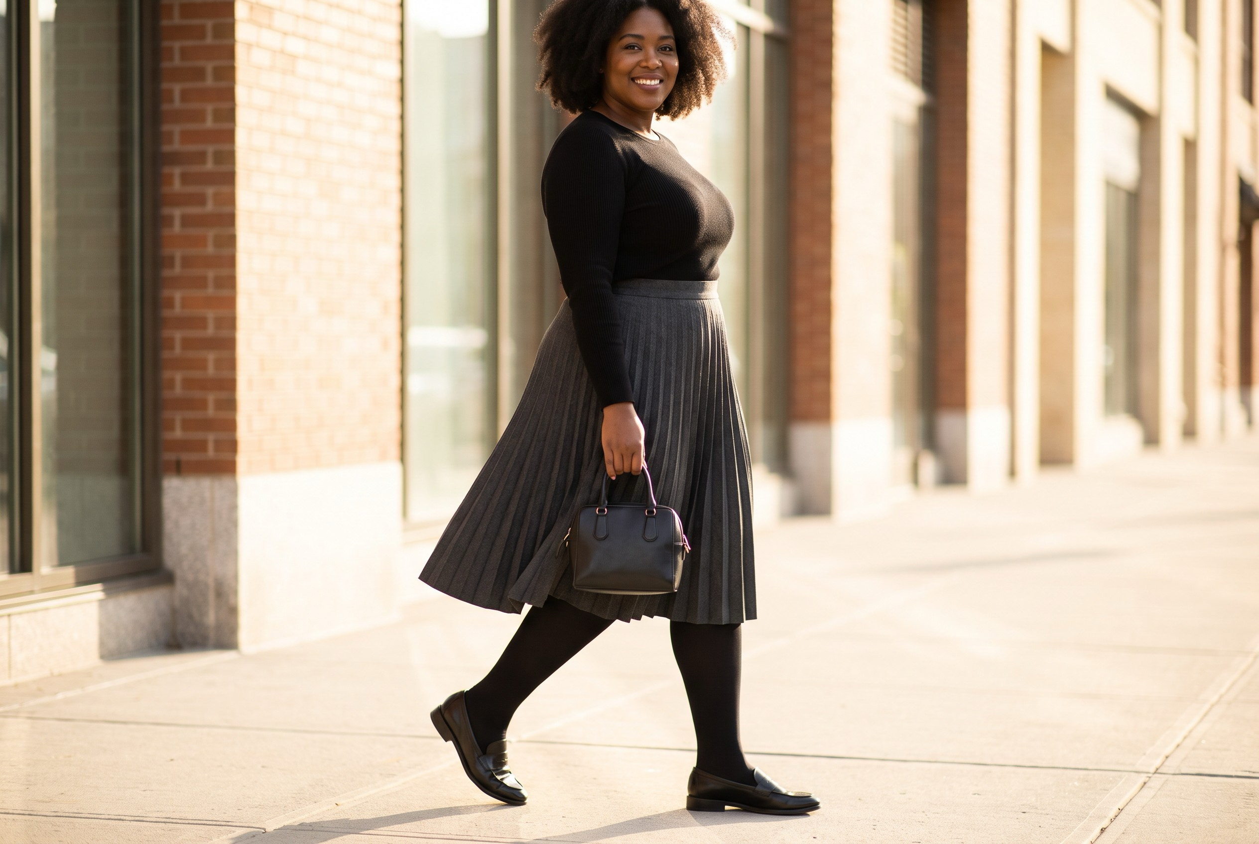 Stylish woman wearing matte black tights with a pleated midi skirt and loafers on a bright city street