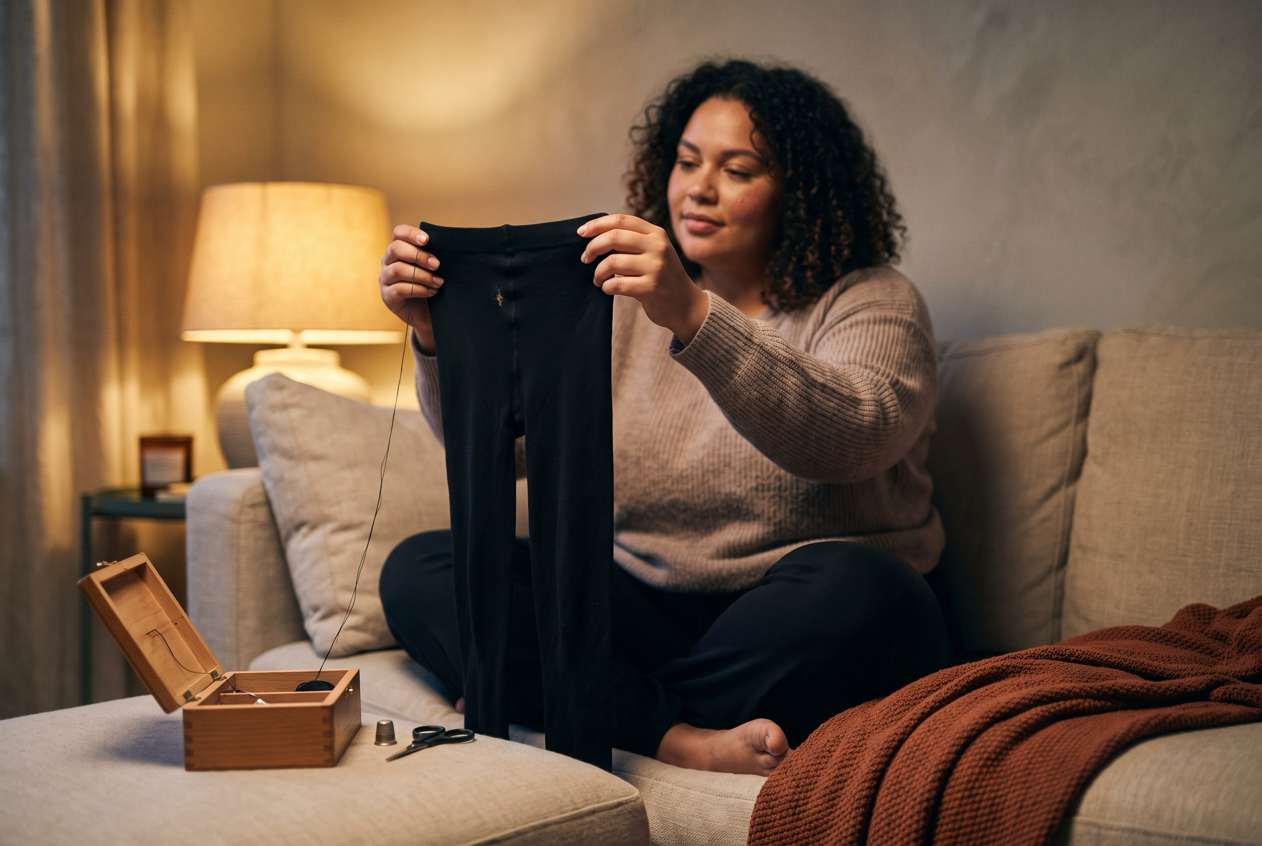 Hands of a woman inspecting black tights for a snag beside a sewing kit on a soft sofa at home